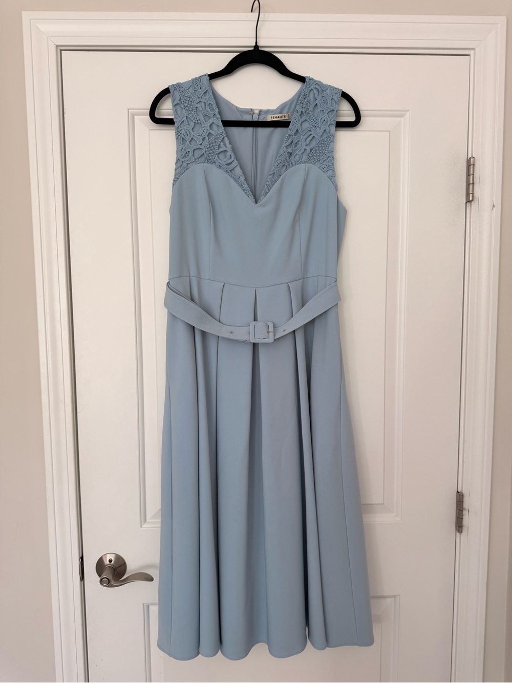 Sleeveless Lace Yoke Belted Midi Dress in Pale Blue